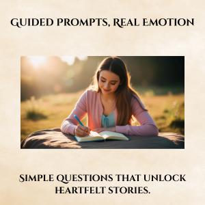 A woman sitting outdoors at sunset, writing in a notebook with a pen, smiling softly.