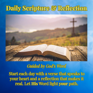 Open Bible on a wooden surface outdoors with hills and a cross in the background, under a cloudy sky, with yellow and blue text overlaid.