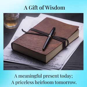 A closed brown notebook with a black pen tied on top, placed on some papers, with a glass of water nearby, against a blue background.