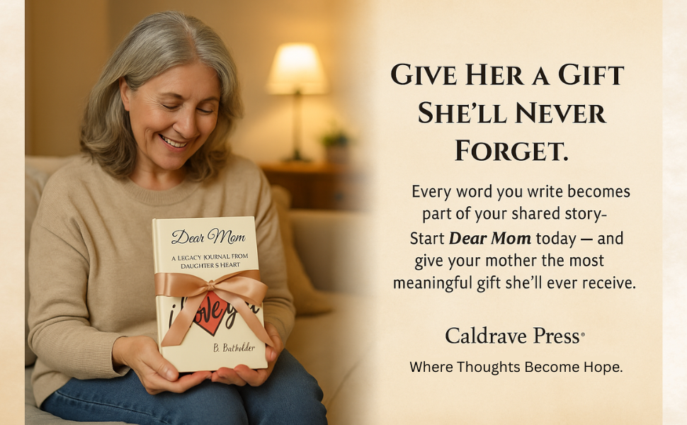 A smiling woman with gray hair holding a book titled "Dear Mom" wrapped with a satin ribbon. Text on the right encourages giving a heartfelt handwritten gift to mothers during the holidays.