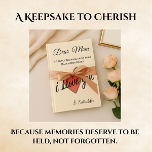 A framed quote, a book titled 'Dear Mom' with a ribbon, and pink roses on a beige background, honoring mothers with a message about memories.