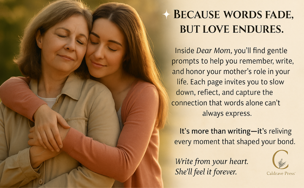 A mother and daughter hugging with eyes closed, standing outdoors during sunset, next to a heartfelt message about love and remembrance.