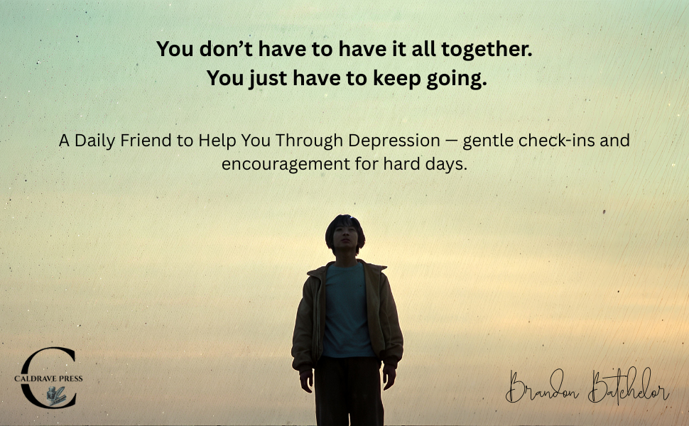 A person with short dark hair and casual clothing standing outdoors against a cloudy sky at sunset, with a motivational message about perseverance and mental health.