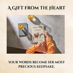 A person is holding a card with the words "love you" and a pink heart. There is a glass of orange juice, a spoon, and a small bowl or container on a table. The background has a framed quote and the image has a heartfelt message about the importance of words.