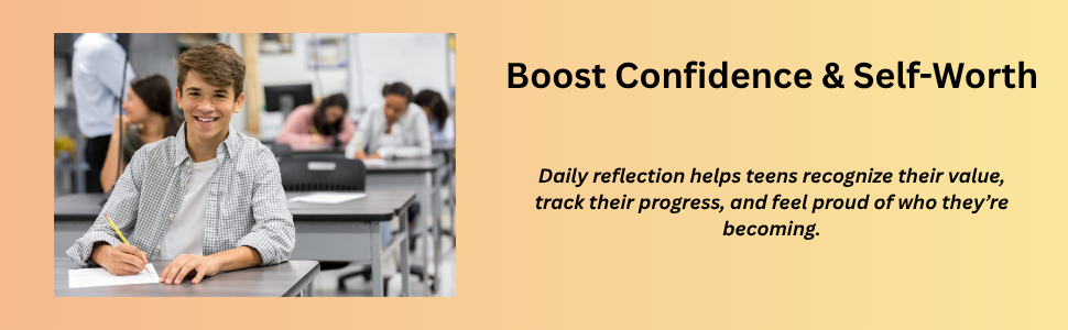 A smiling teenage boy sitting at a desk in a classroom, holding a pencil, with other students in the background.