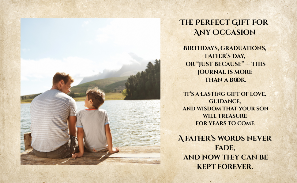 A father and son sitting on a dock by a lake, talking, with mountains and trees in the background, and a heartfelt poem about a father's love and guidance.