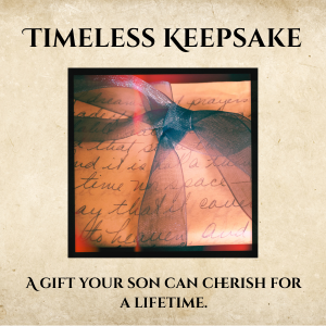 A beige greeting card with a small framed photograph of a young child's hand holding an adult's finger, decorated with a blue ribbon. The card reads 'TIMELESS KEEPSAKE' and 'A GIFT YOUR SON CAN CHERISH FOR A LIFETIME.'