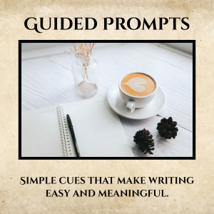 A notebook, pen, coffee cup, two pine cones, and a small vase with dried flowers on a table.