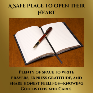 Open journal with a pen on a wooden table, accompanied by an inspirational quote about prayer, gratitude, and honesty.