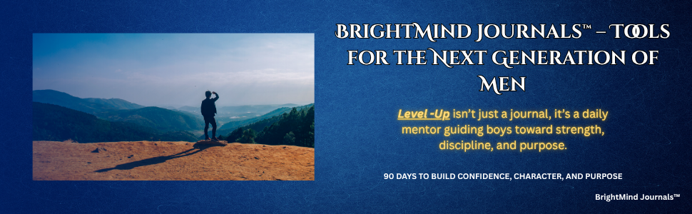 A person standing on a hilltop overlooking a landscape with mountains and a cloudy sky, holding a camera or binoculars. Adjacent to a blue section with white and yellow text about BrightMind Journals for men.