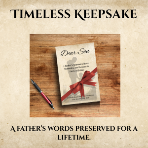 Cover of a keepsake book titled 'Timeless Keepsake' with a letter labeled 'Dear Son' and a red ribbon on a wooden surface.