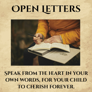 A person in a yellow jacket writing in a notebook outdoors, with a quote about open letters and heartfelt words.