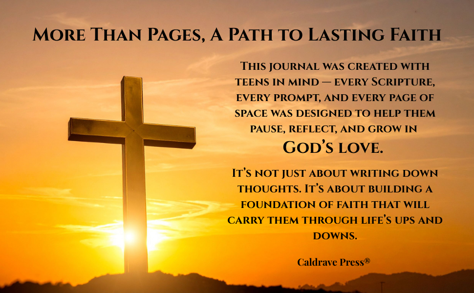 A large cross silhouette against a sunrise with golden sky and clouds, with inspirational text overlay about faith and God's love.