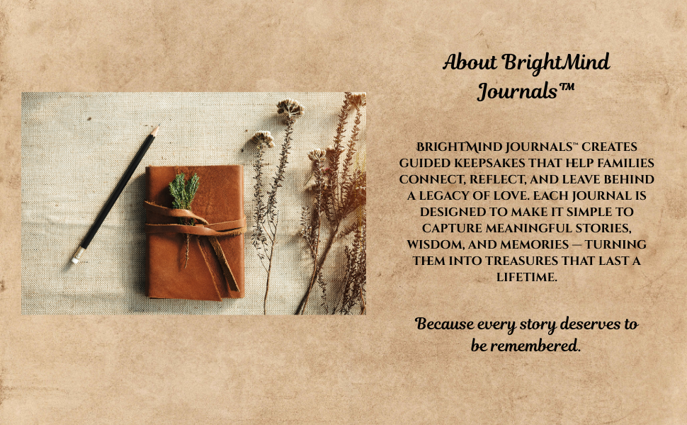A promotional image for BrightMind Journals featuring a closed leather journal tied with a leather strap, a black pen, and dried plants on a textured background, with text describing the purpose of the journals.