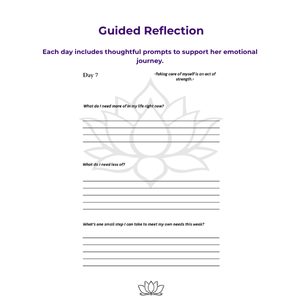 Guided Reflection worksheet with prompts for emotional support, including sections for each day, reflective prompts, and a lotus flower illustration at the bottom.