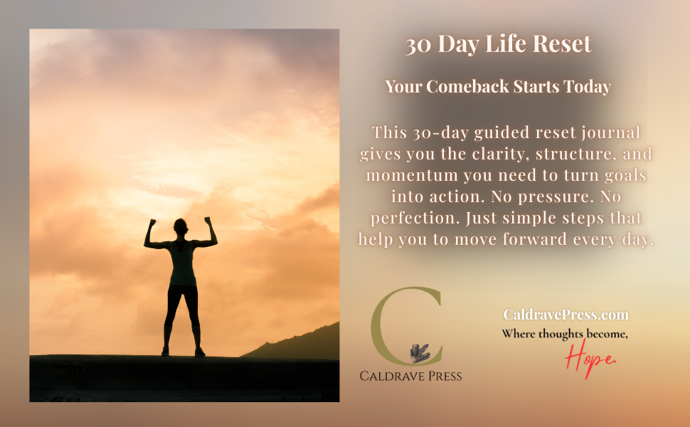 Silhouette of a person with arms raised in front of a sunset sky, with a mountain in the background, accompanying 30-day guided reset journal advertisement by Caldrave Press.