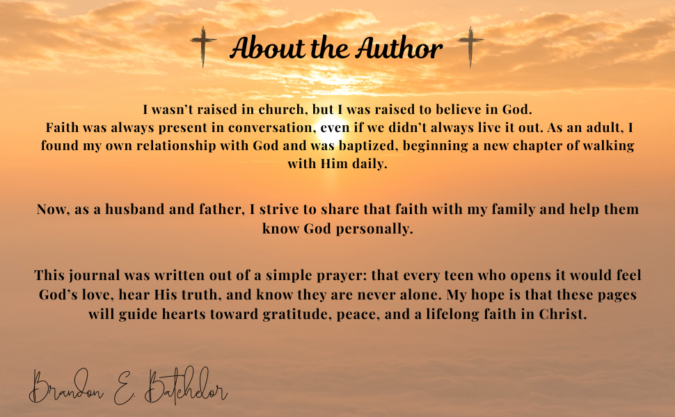 A reflective journal titled 'About the Author' with a sunset background, black cross symbols, and a signature at the bottom, discussing faith, relationship with God, and sharing faith with others.