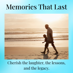 Silhouette of a man and a child walking on the beach at sunset with ocean waves in the background.