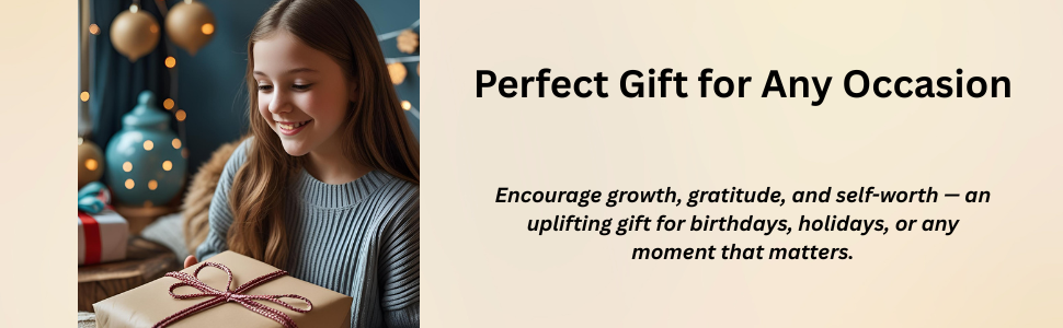 A smiling young woman holding a gift box wrapped with a red and white ribbon in a festive setting.