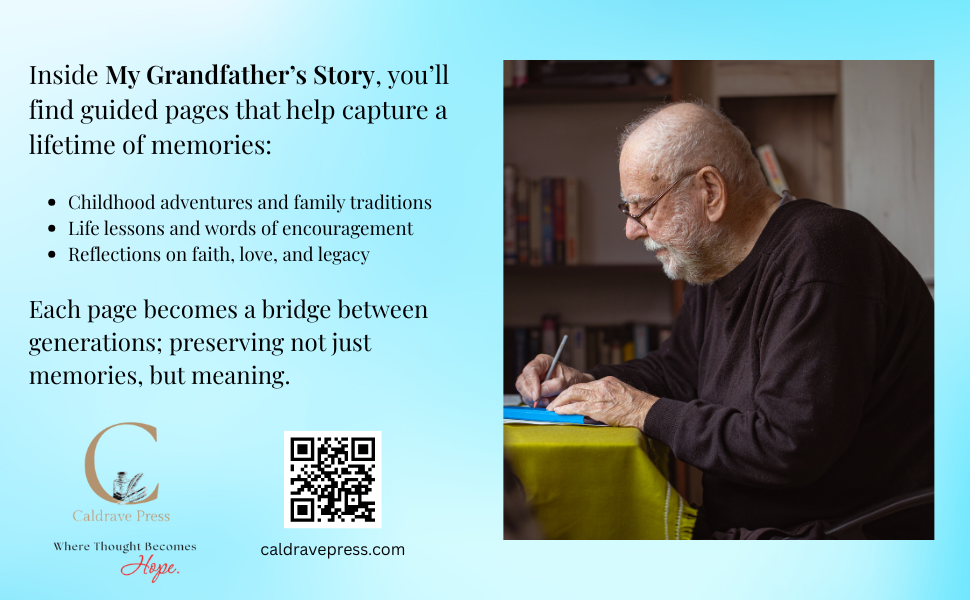 An advertisement for a book titled 'My Grandfather's Story,' featuring a photo of an elderly man with glasses and a beard, writing at a desk in a room with bookshelves.