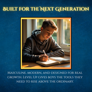 Young boy sitting at a desk, writing in a notebook near a window, with text overlay about growth and future readiness.