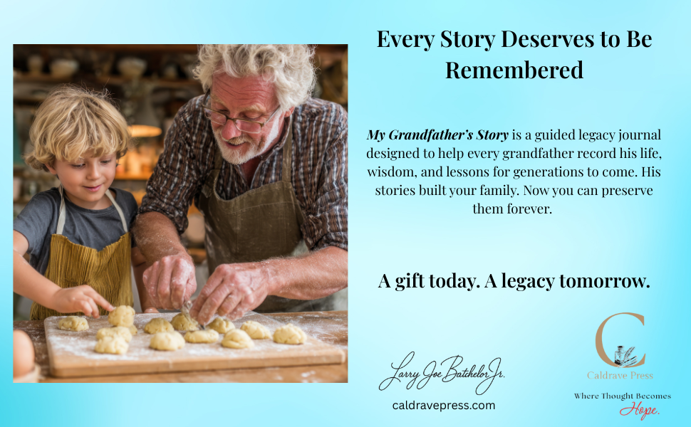 An elderly man with white curly hair and glasses, wearing an apron, is teaching a young girl how to make cookies. They are working together at a kitchen counter, with dough and cookies visible.