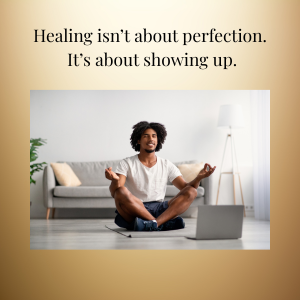 A person practicing meditation at home with a laptop in front of them, smiling peacefully, with a quote about healing and showing up above.