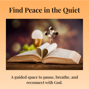 Open Bible with a cross and globe figurines on top, set against a blurred background, with the text 'Find Peace in the Quiet' and 'A guided space to pause, breathe, and reconnect with God'.