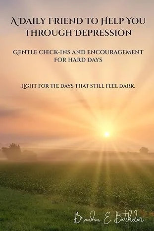 Inspirational quote about helping friends through depression, over a sunrise landscape with open sky and grassy field.