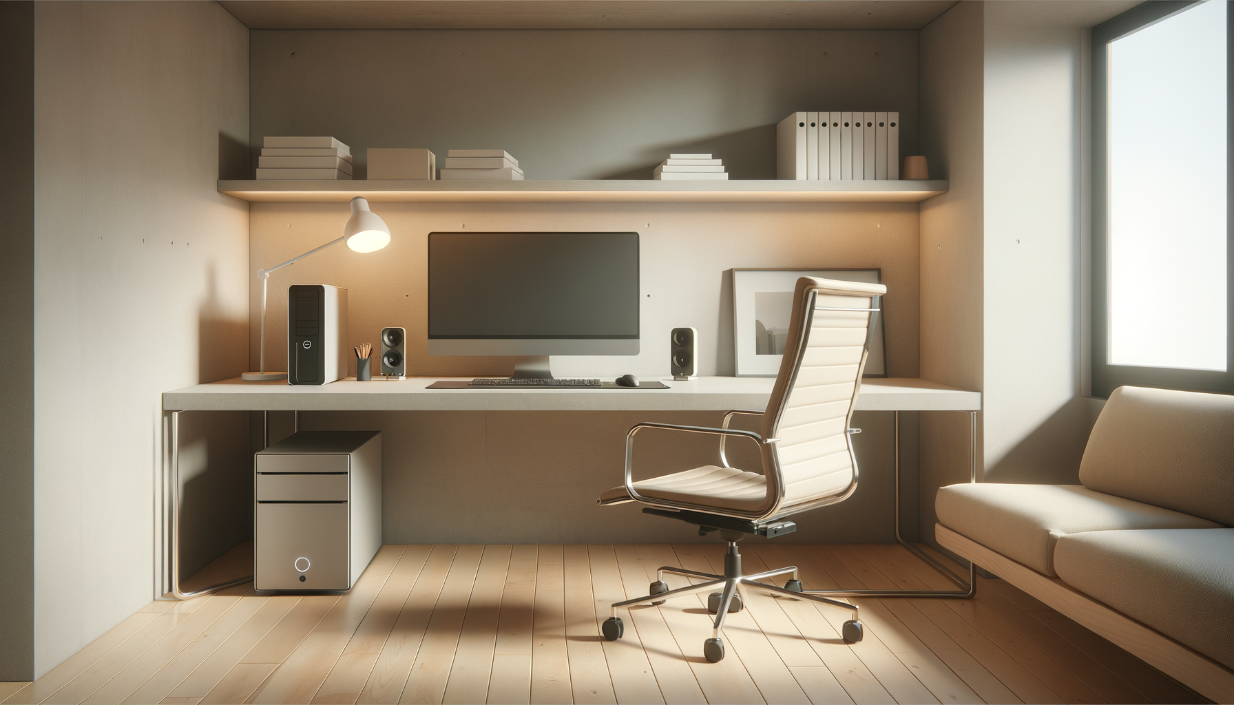 A modern, organized home office with a white desk, computer, monitor, speakers, and a high-back office chair. There are shelves above the desk with books and storage boxes, a framed picture, a desk lamp, and a sofa by the window.