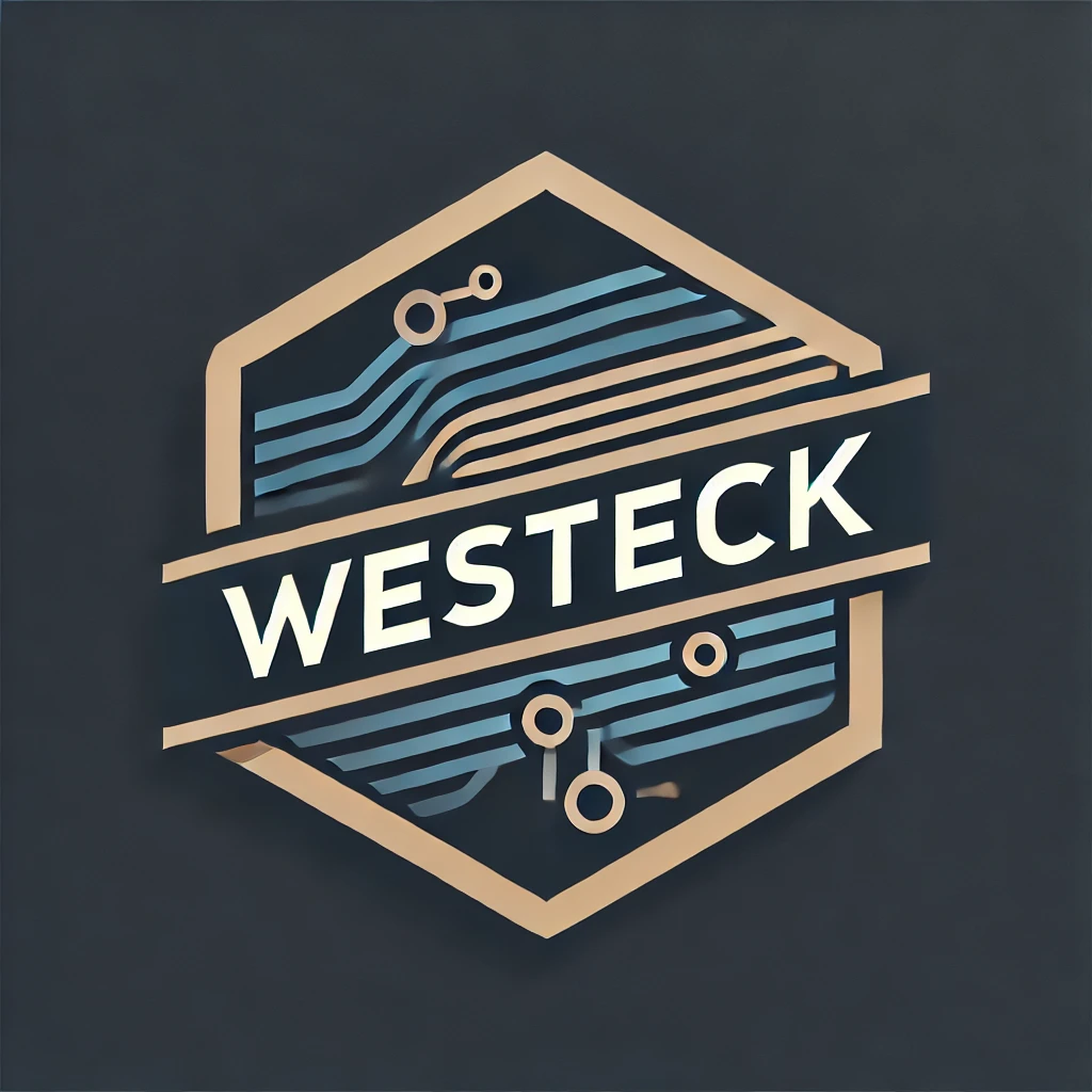 A logo with a hexagon shape, featuring the word "WESTECK" in the center in white capital letters, with circuit-like lines and nodes around and behind it, on a dark background.