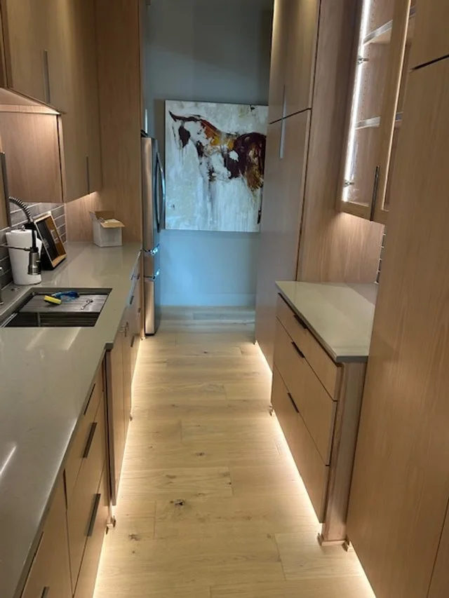 Modern galley kitchen with wooden cabinets, gray countertops, and soft under-cabinet lighting, leading to a painting of a horse at the end.