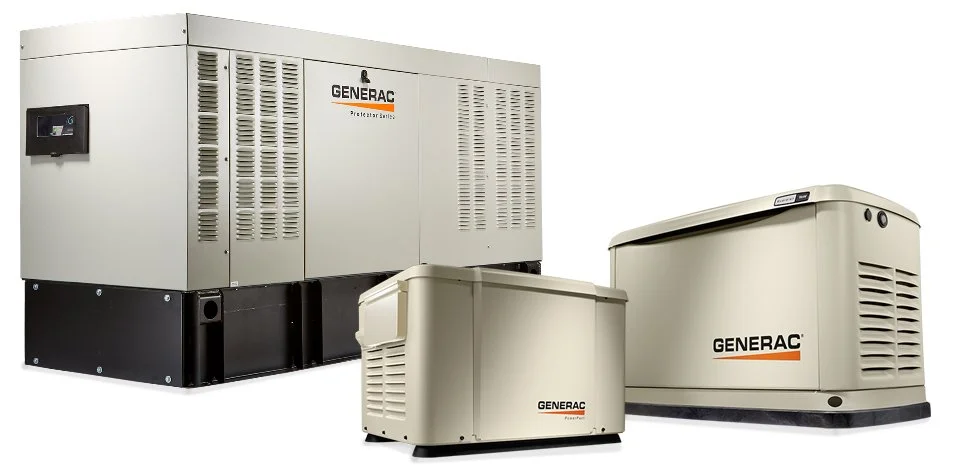 Three Generac generators of different sizes on a white background.