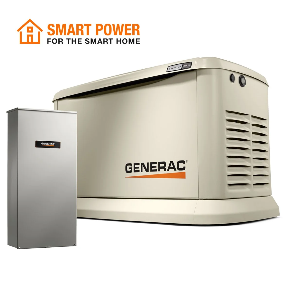 A Generac home backup generator unit with a smaller grey control box in front, set against a plain background, illustrating backup power options for the smart home.