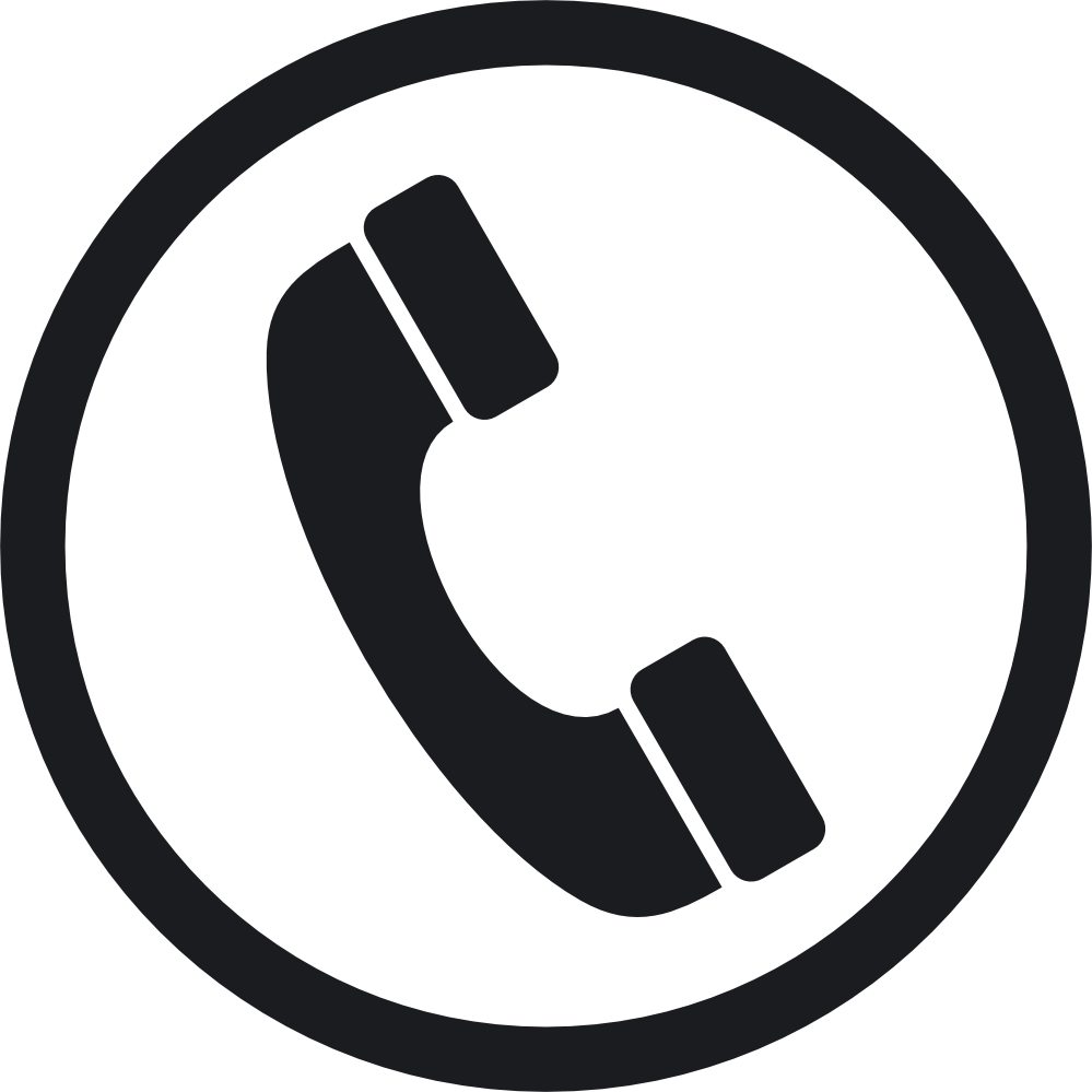 Silhouette of a telephone receiver inside a circle on a black background.