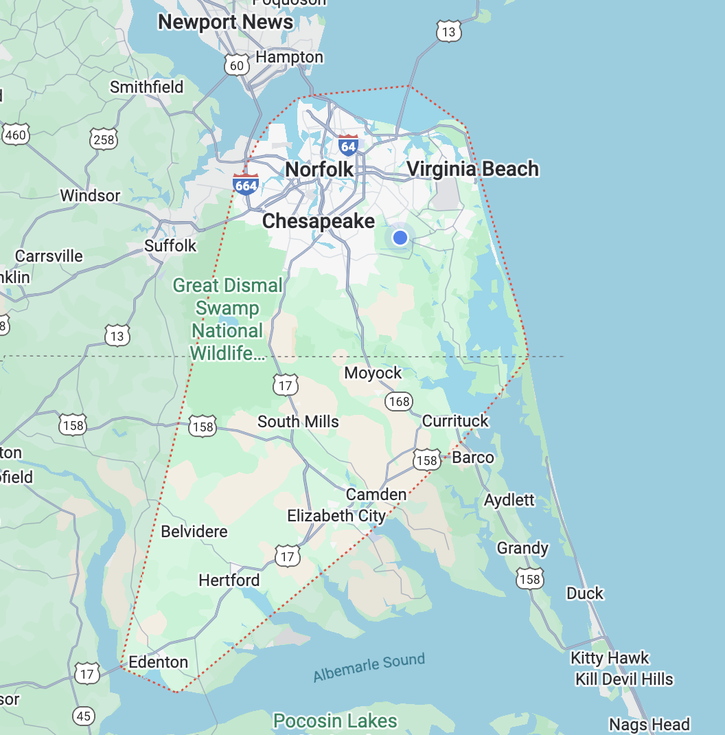 Map of the Virginia Beach area in Virginia, showing cities, highways, the Great Dismal Swamp, and surrounding locations including Norfolk, Chesapeake, and the Pocomos Lakes.