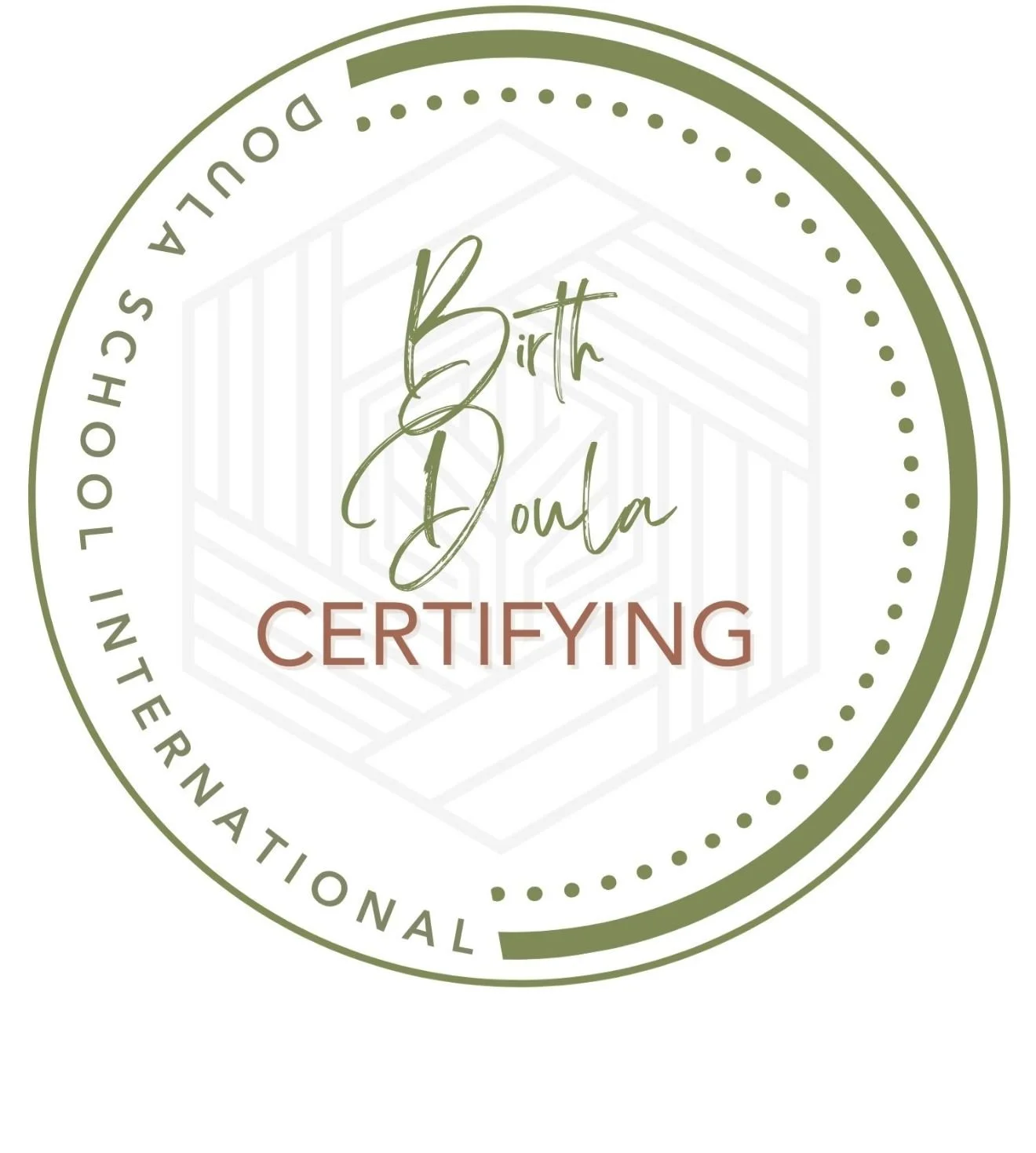 A circular certification badge with a green border and dotted lines, featuring the words 'Birth Douna Certifying' in the center, and the outer rim says 'Schoul SC' and 'Doula Certification'