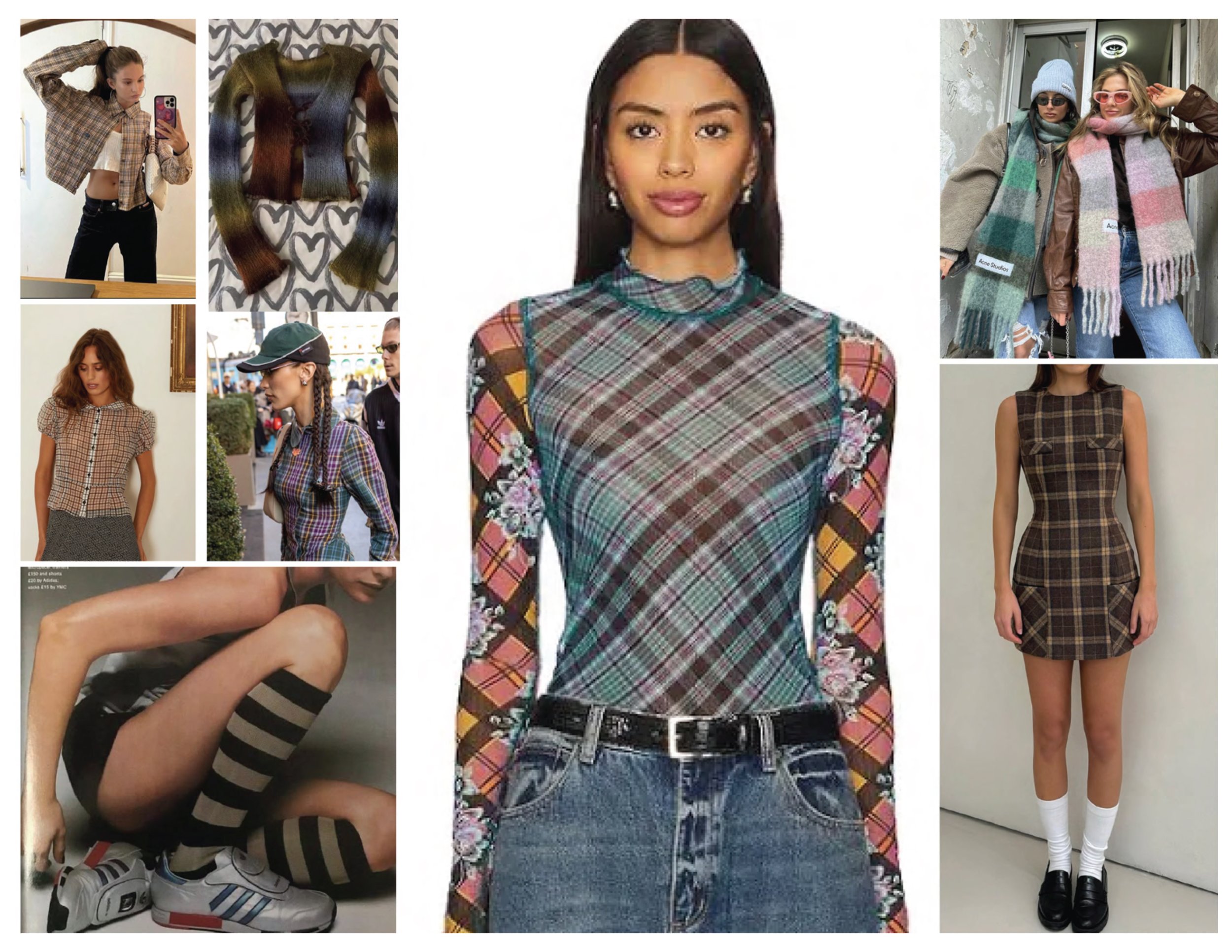 A collage of various women wearing different plaid and patterned clothing, including shirts, dresses, and accessories, with a central woman in a colorful plaid top.