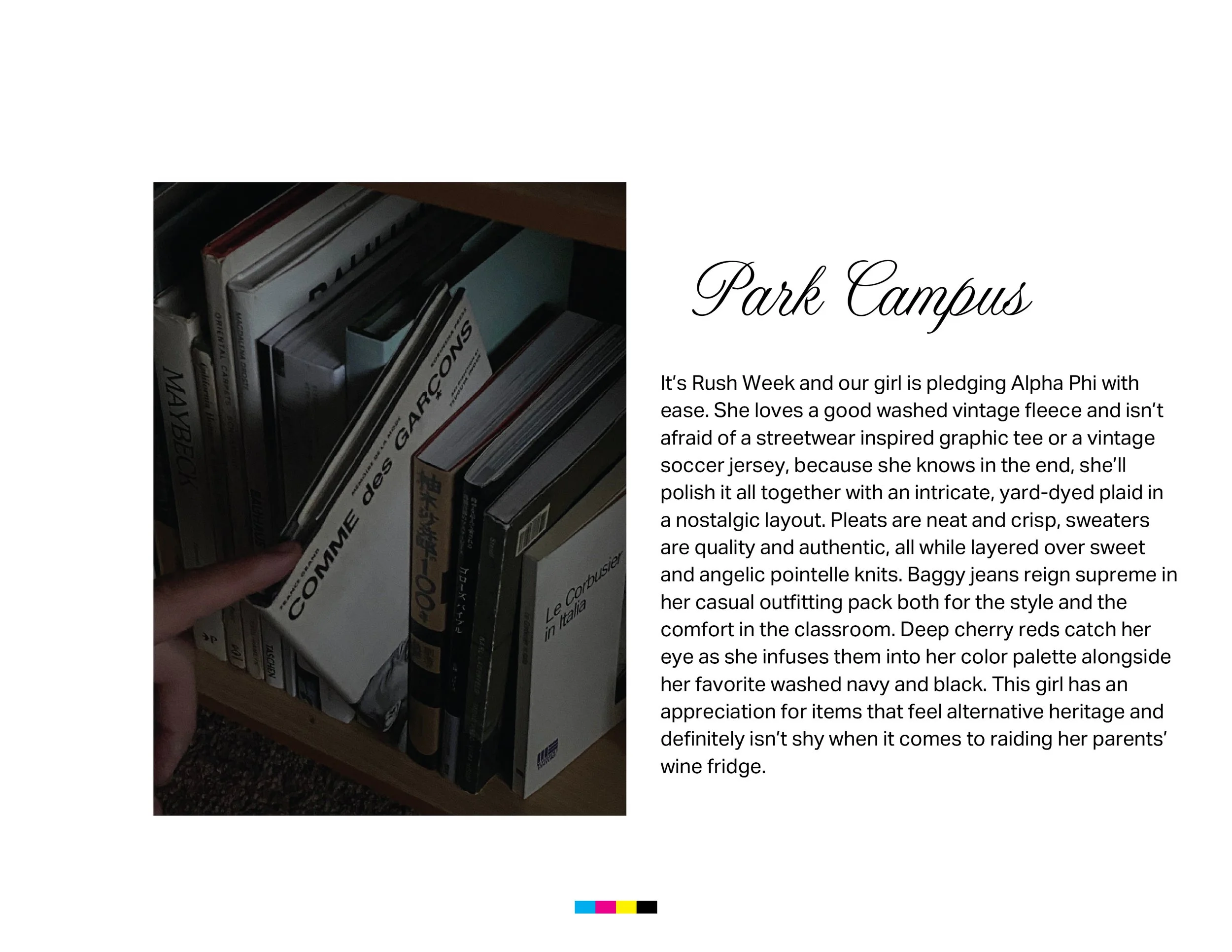 Photograph of a bookshelf filled with various books, with one hand holding a book titled 'Comme des Garçons'.