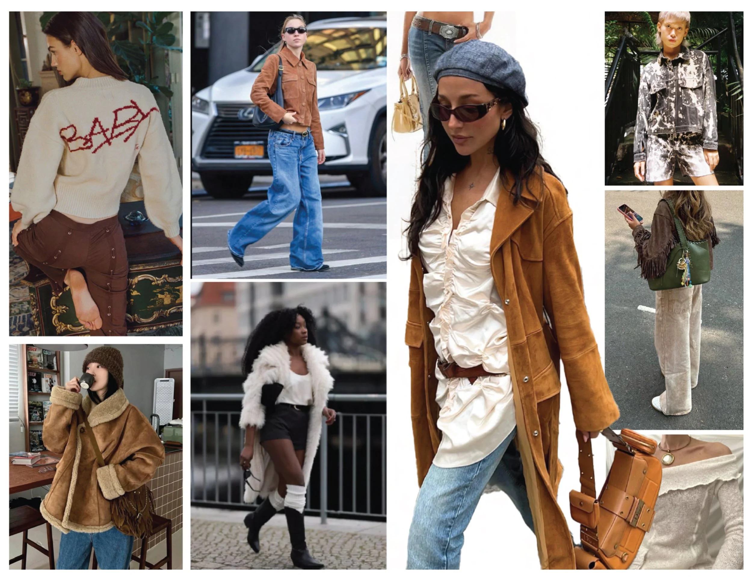 Collage of women in various casual and stylish outfits, including jackets, sweaters, jeans, and accessories, in outdoor and indoor settings.