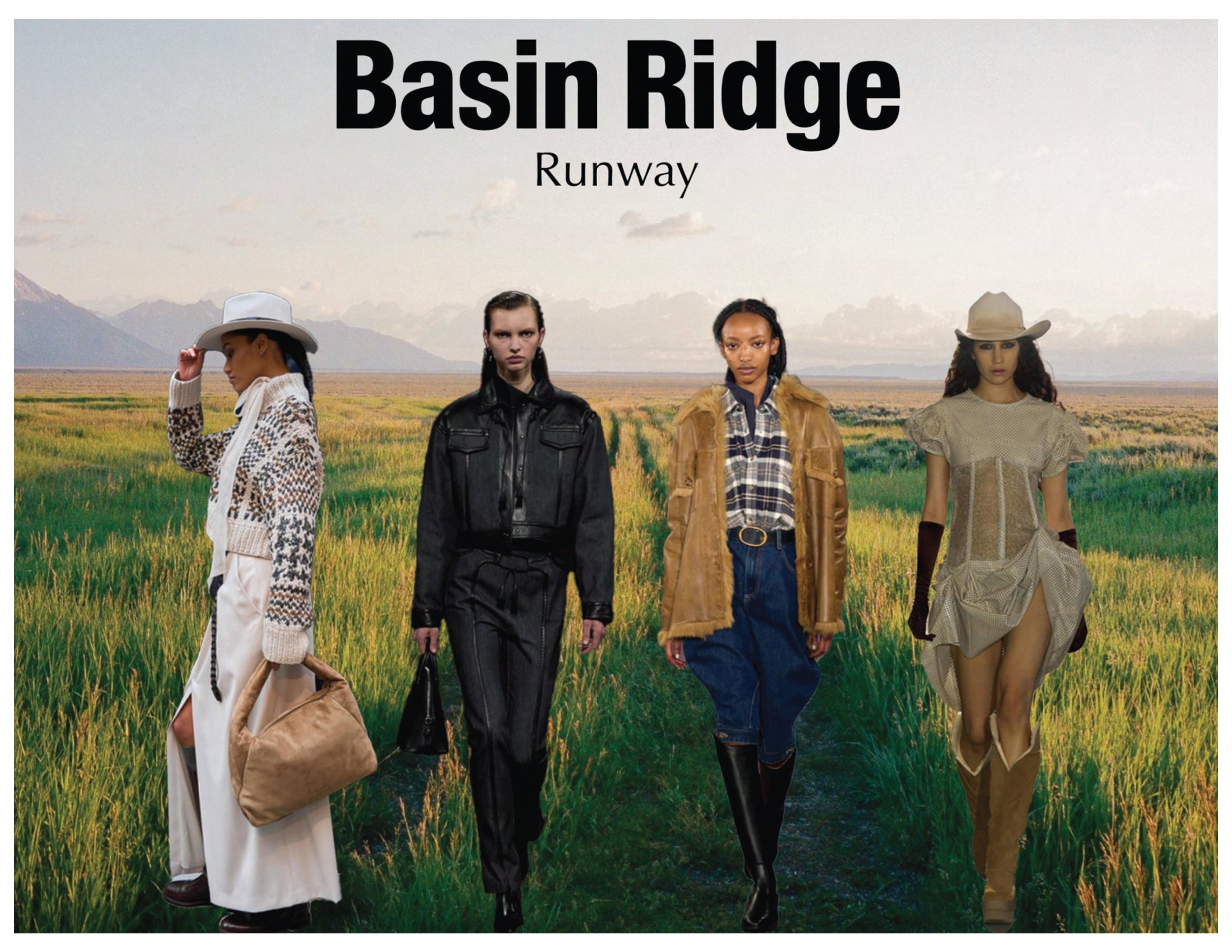 Four women walking in a grassy field with mountains in the background. Text at the top says 'Basin Ridge Runway'.