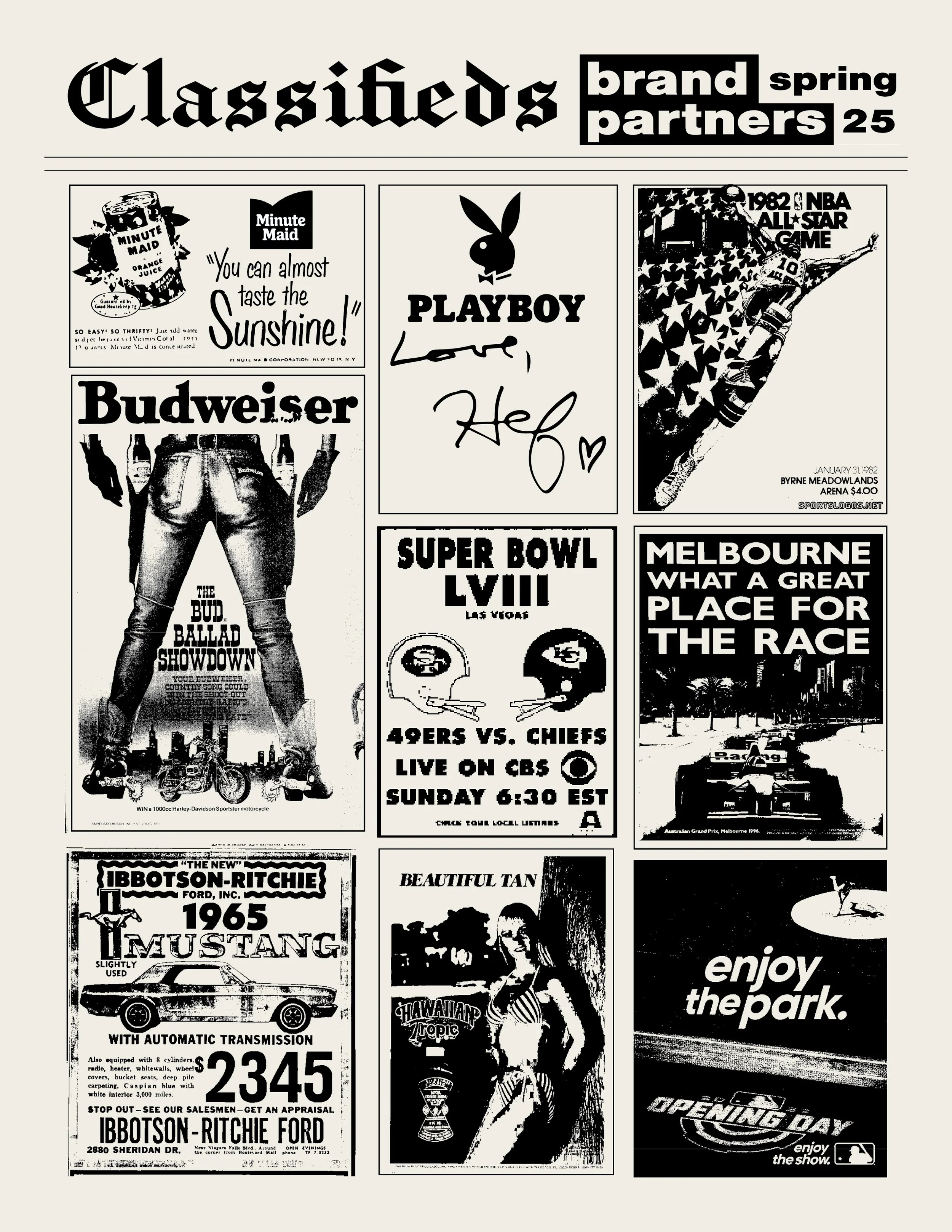 Black and white collage of vintage advertisements and posters, including sports, cars, fashion, and entertainment.