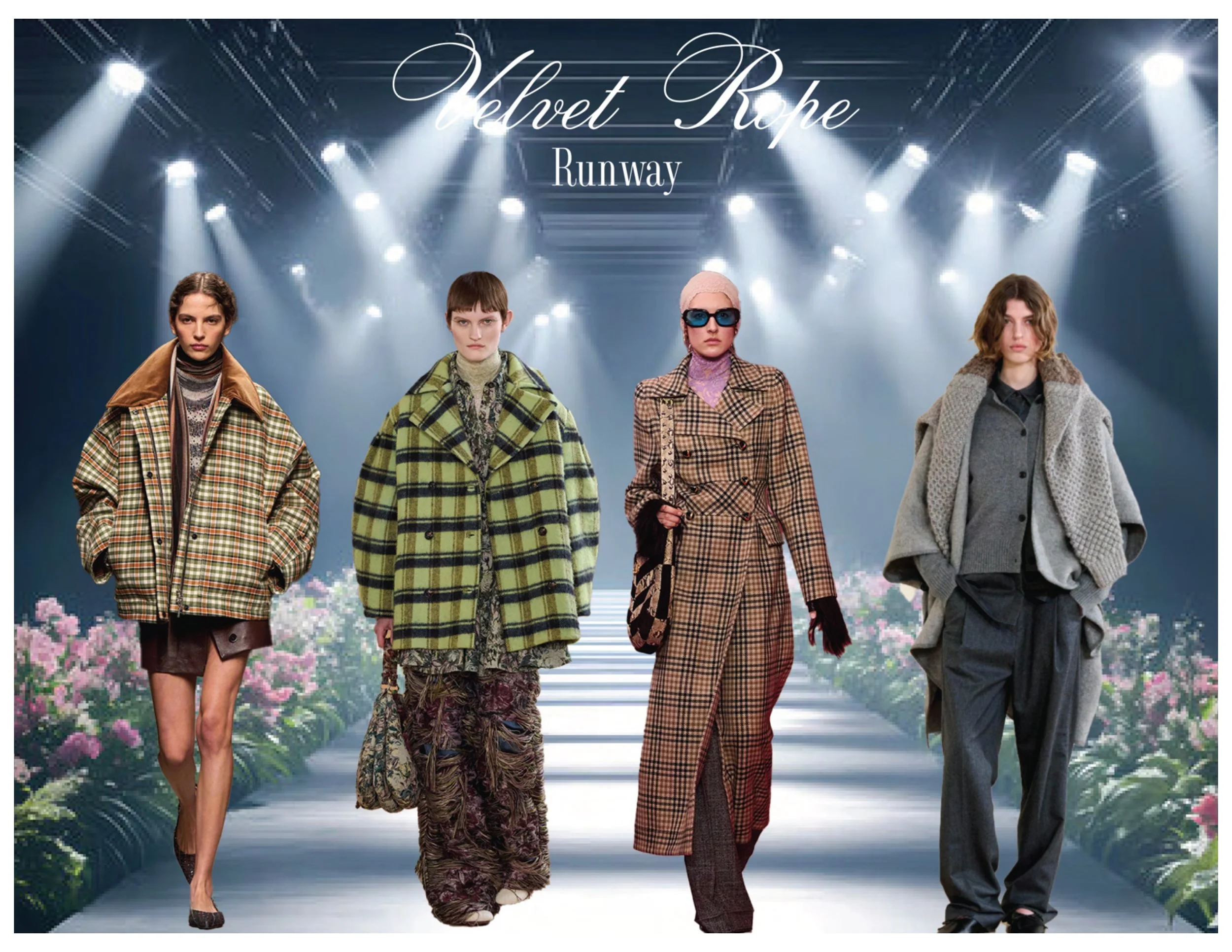 Models walking on a runway with spotlights, under a sign that reads 'Velvet Rope Runway', wearing fashionable plaid and textured outerwear.