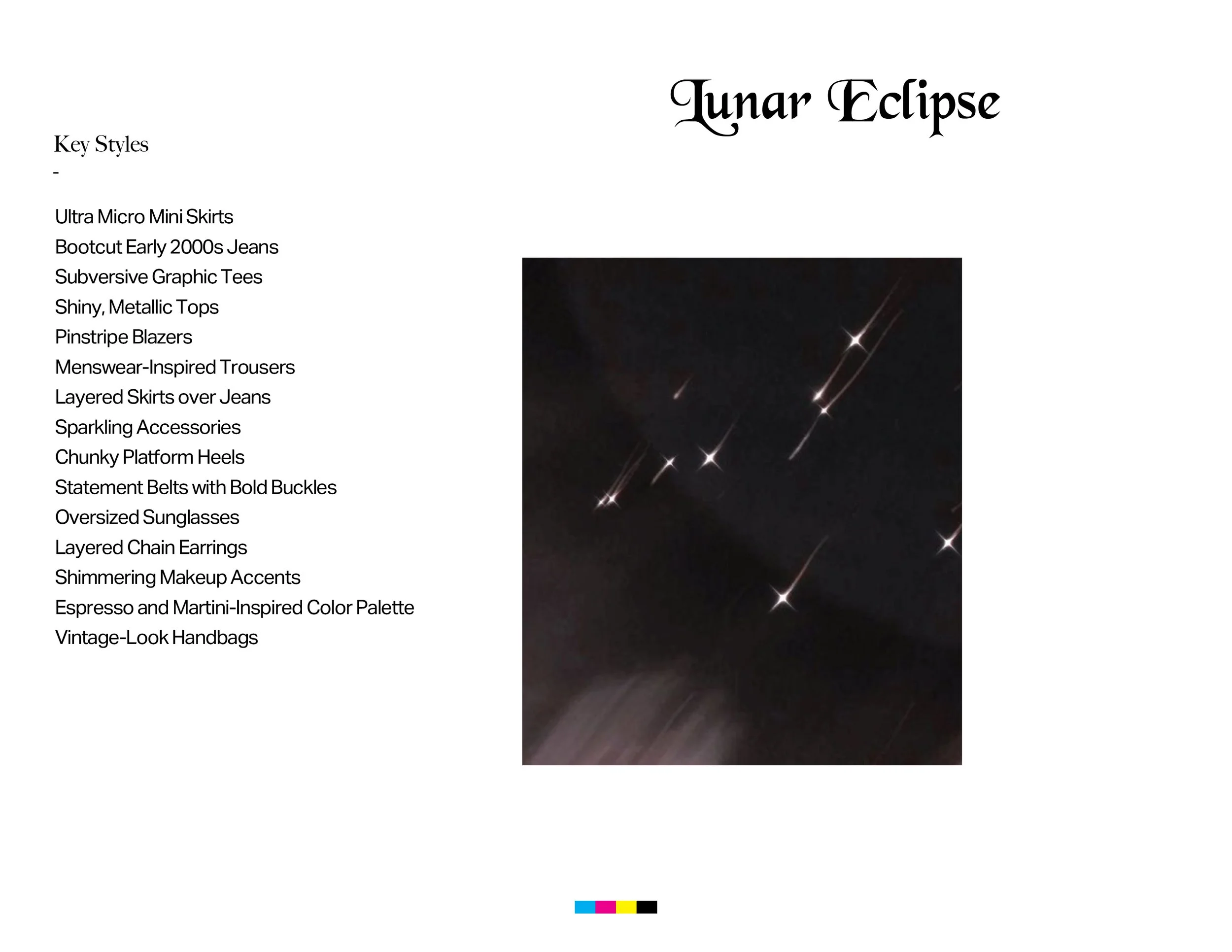A clothing style guide titled 'Lunar Eclipse' lists fashion items including mini skirts, jeans, graphic tees, shiny tops, pinstripe blazers, suspenders, layered skirts, accessories, chunky heels, statement belts, oversized sunglasses, chain earrings,