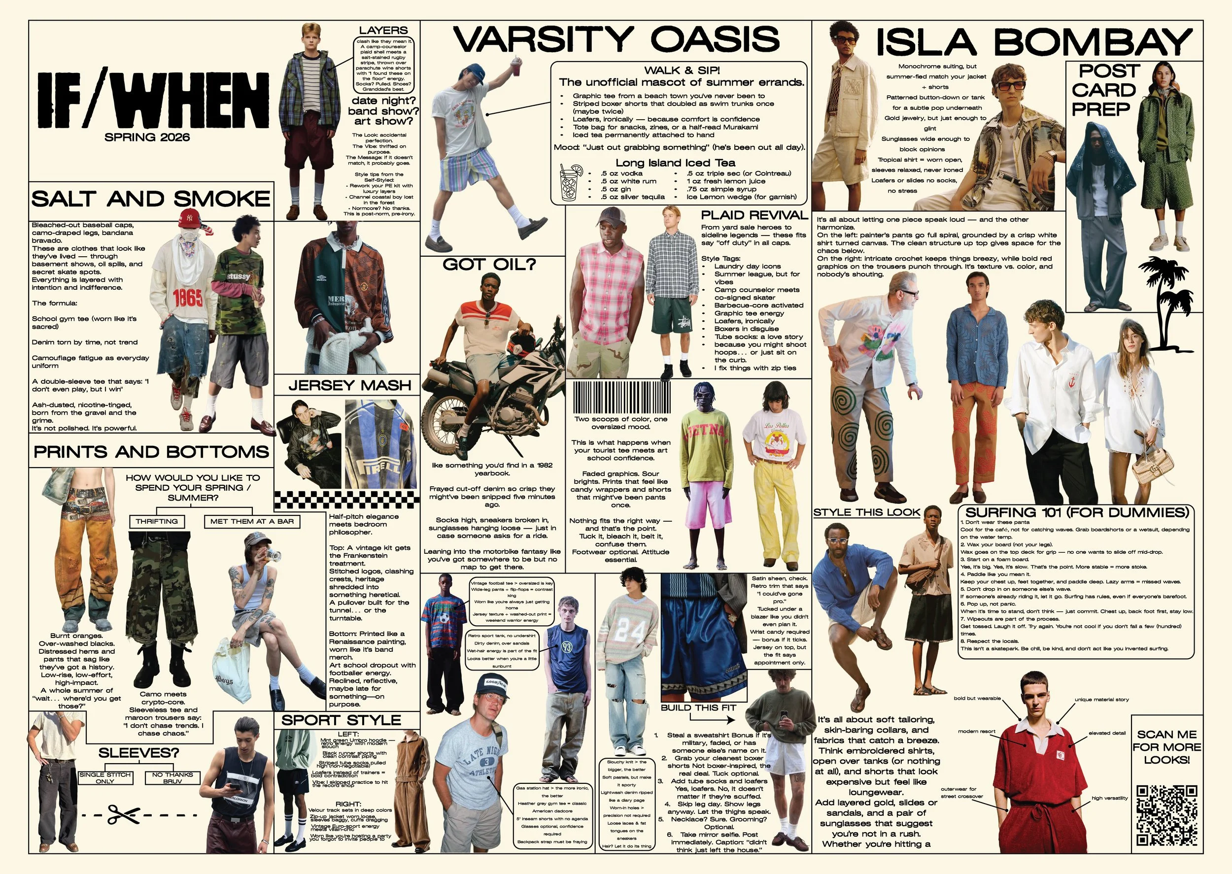 A colorful summer fashion infographic for spring 2026, featuring various clothing styles, accessories, and trends for teenage boys, with sections on layers, salt and smoke, jerseys, prints, and bottoms, along with fashion tips and style ideas.