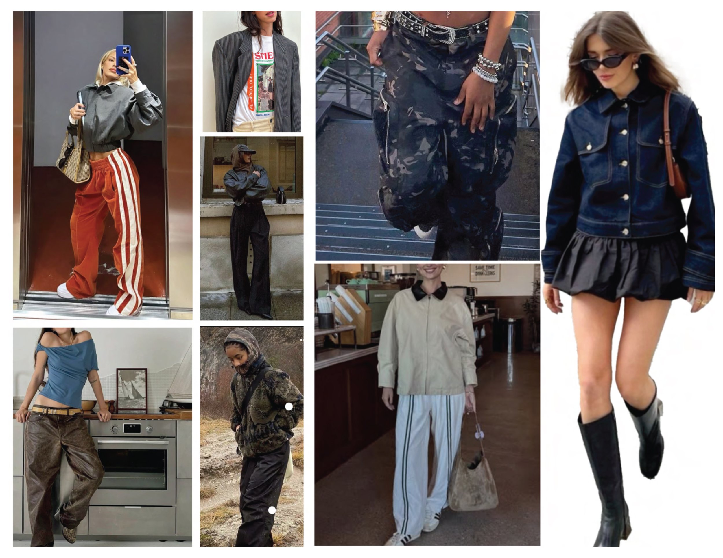 Collage of various women wearing different casual and streetwear outfits, including oversized shirts, baggy pants, jackets, skirts, and boots.