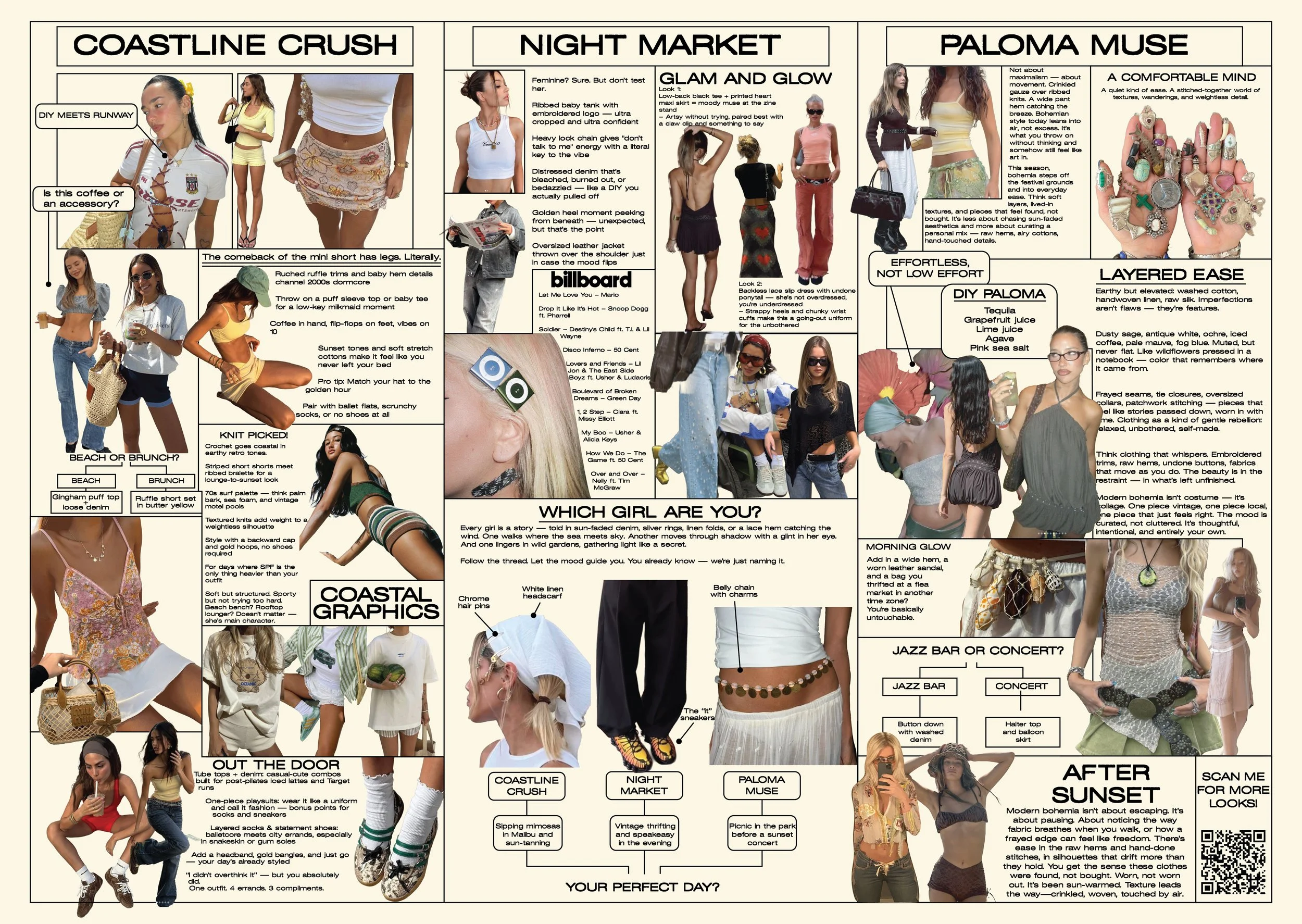 A magazine-style collage showcasing fashion styles, accessories, and lifestyle tips, divided into sections titled 'Coastline Crush,' 'Night Market,' 'Paloma Muse,' and 'Layered Ease.' Features images of women in various outfits, jewelry, and accessor