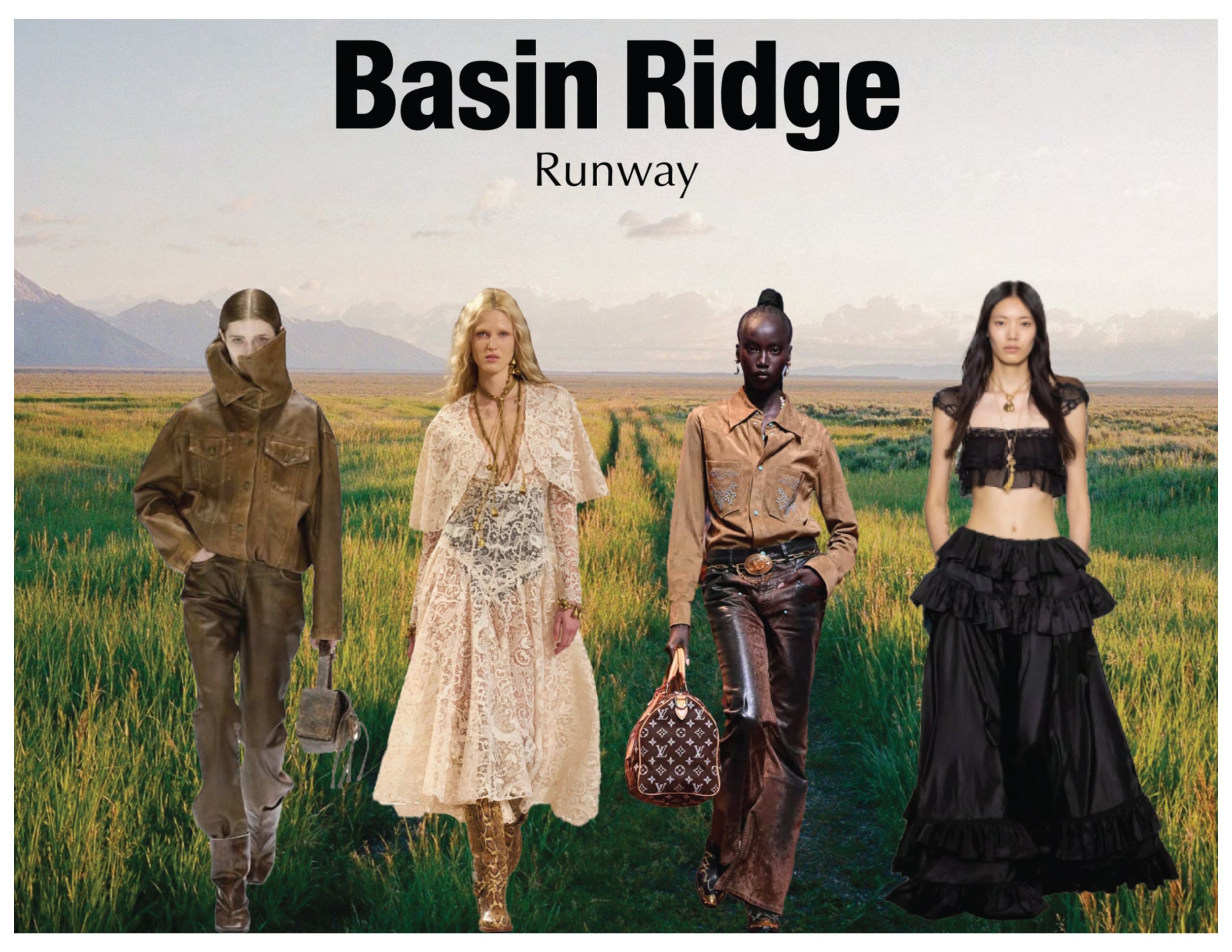 Four women walking in a grassy field with mountains in the background and a cloudy sky. The text at the top reads 'Basin Ridge Runway'.