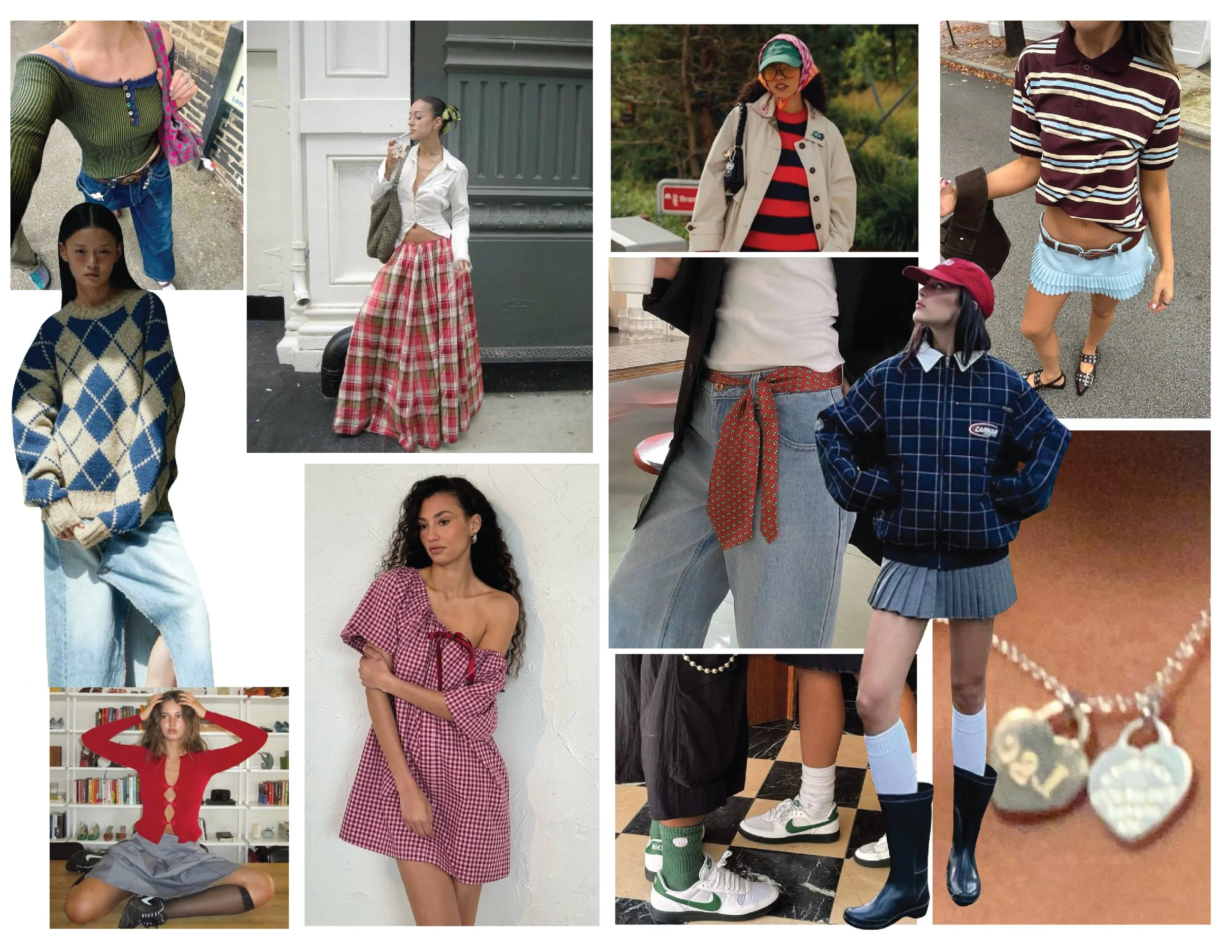 Collage of nine people wearing various fashion styles, including casual, vintage, sporty, and trendy outfits.