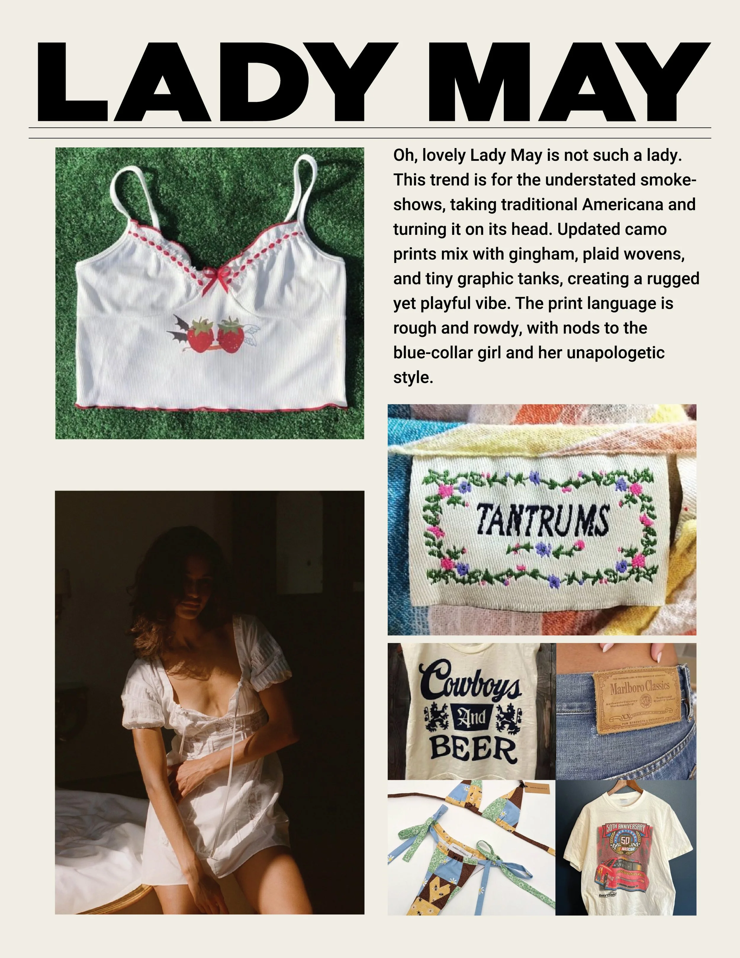 Collection of vintage-inspired clothing and accessories, including a white tank top with cherries, embroidered fabric with "TANTRUMS," a t-shirt with "Cowboys and Beer," a white dress worn by a woman, a colorful bib, a pair of denim jeans, a decorati